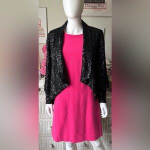 Yumi Kim Black Sequin Jacket Open Front Asymmetrical Waistline Hem Size L